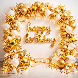 Balão Metalizado Redondo Decoração Happy Birthday Dourado