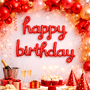 Balão Metalizado Redondo Decoração Happy Birthday Vermelho