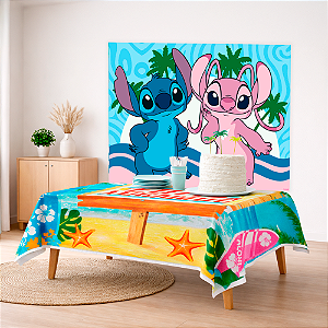 Kit festa Stitch Rosa Decoração Aniver Painel +Toalha Aloha