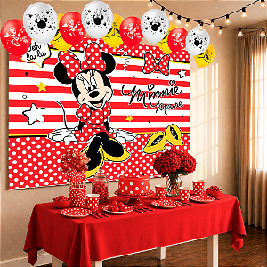 Kit Festa Minnie vermelha Decoração aniv Balão+Toalha+Painel