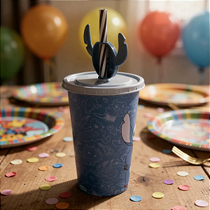 Copo Refri Com Canudo e Pin Decoração Stitch Disney 500ML