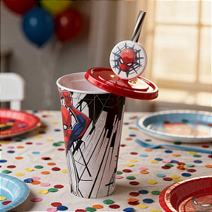 Copo Refri Com Canudo e Pin Decoração Homem Aranha Disney