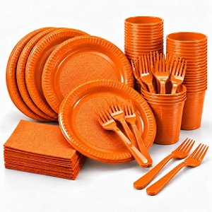 Kit Descartáveis Festa Laranja 200pçs Decoração festa Aniver