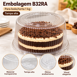 Embalagem B32RA Para Bolo Torta 1kg Tampa Alta Ranhurada18cm