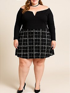 Vestido Ombro a Ombro Saia Xadrez