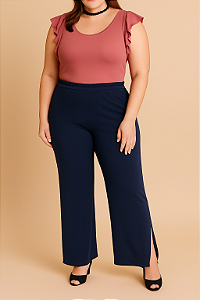 Calça Pantalona com Abertura Lateral Azul Marinho