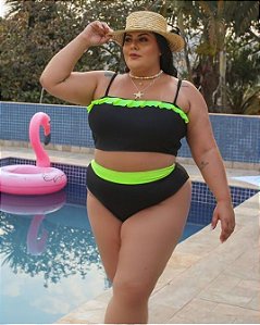 Biquíni preto com babado verde