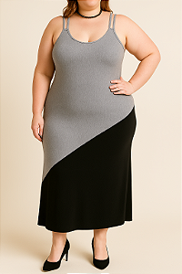 Vestido cinza e preto longo