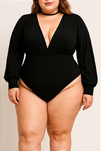 Body manga longa decote "V"