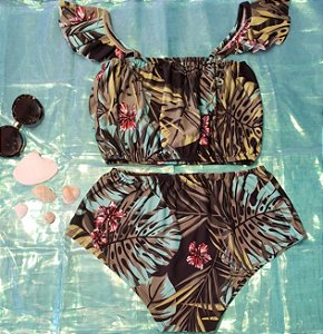 Biquíni preto folhagem verde