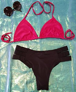 Biquíni pink com calcinha preta fio duplo