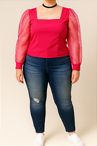 Blusa pink com manga de tule