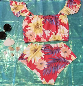 Biquíni alcinha vermelho florido