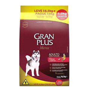 RAÇÃO GRANPLUS MENU ADULTO CARNE ARROZ-15KG + 1,5KG GRÁTIS