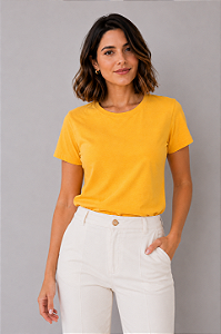 T Shirt Gola Redonda Lisa Amarelo Ouro