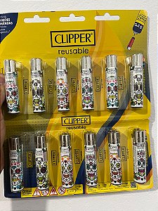 Cartela C/12 Isqueiro Clipper Grande MODELO CAVEIRA MEXICANA