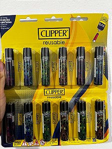 Cartela C/12 Isqueiro Clipper Grande MODELO preto folha