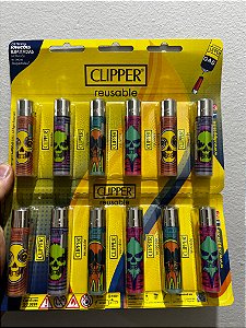 isqueiro clipper cartela com 12 unidades - Modelo CAVEIRA AZUL, VERDE ,LARANJA E ROXA