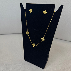 Colar+Brinco Trevo Cor: Dourado