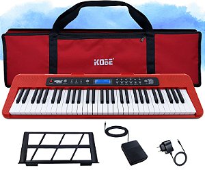 Kit Teclado Musical Digital Kobe KB-300 5/8 61 Teclas Sensíveis ao Toque com Pedal Sustain e Capa Vermelha
