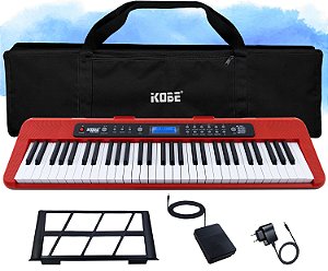 Kit Teclado Musical Digital Kobe KB-300 5/8 61 Teclas Sensíveis ao Toque com Pedal Sustain e Capa Preta