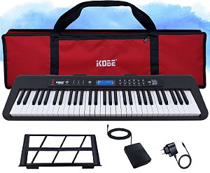 Kit Teclado Musical Digital Kobe KB-300 5/8 61 Teclas Sensitivas ao Toque com Pedal Sustain e Capa Vermelha