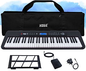 Kit Teclado Musical Digital Kobe KB-300 5/8 61 Teclas Sensitivas ao Toque com Pedal Sustain e Capa Preta