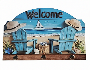 Porta Chaves Welcome Praia em MDF – Efeito 3D – 19,5cm x 12,5 cm