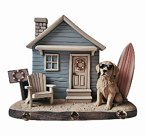 Porta-Chaves Casa de Praia com Cachorro e Prancha – Decorativo 3D – 17x14 cm