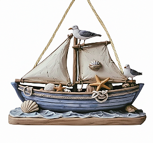 Quadro 3D Barco Mar e Gaivotas | Decoração Praiana/Litoral 25cm x 19cm