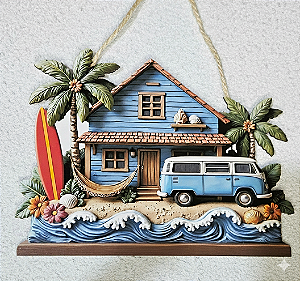 Quadro Decorativo 3D | Casa de Praia com Kombi – 24,5×19 cm
