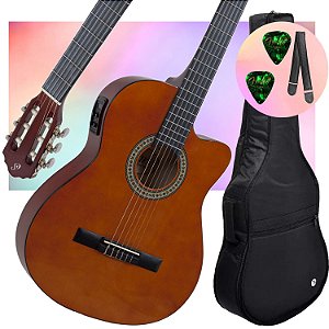 Kit Violão Giannini Elétrico Nylon NF14 NT Flat Natural Capa Acolchoada e Correia