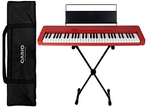 Kit Piano Casio Compacto CT-S1 RD Vermelho Bluetooth 5/8 61 Teclas Com Suporte e Capa Preta