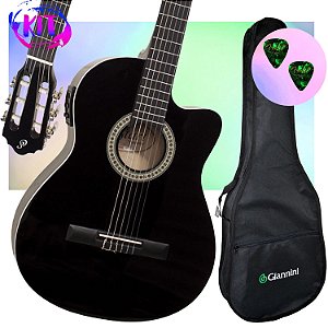 Kit Violão Giannini SF14 Elétrico Aço Flat BK Preto Simples
