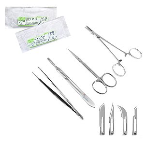 Kit Sutura Simples Aço Inoxidável P/ Estudante Porta Agulha + Pinça Anatomica Serrilha + Tesoura + Cabo Bisturi + Fios Sutura + Lamina