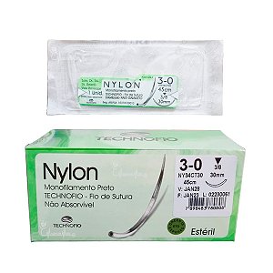 Fio De Sutura Nylon 3-0 45cm Agulha 3cm 3/8 Cx 24 Envelopes