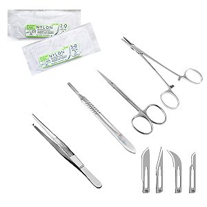 Kit Sutura Simples Aço Inoxidável P/ Estudante Porta Agulha + Pinça Dente Rato + Tesoura + Cabo Bisturi + Fios Sutura + Lamina