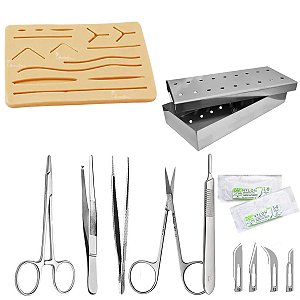 Kit Sutura Completo 14 itens Aço Inox ( Estojo Perfurado - Simulador de Pele, Tesoura , Porta Agulha, Pinça e Cabo Bisturi - Fio - Lâmina
