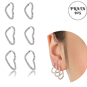 Brincos Trio Kit 3 Pares Argola Coração Prata 925 Torcido og
