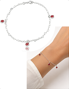 Pulseira Prata 925 Feminina Pontos De Luz zircônias vermelha