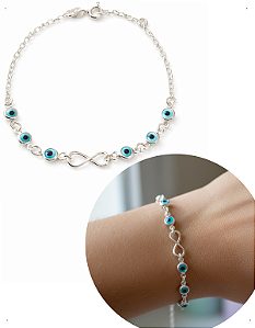 Pulseira Infinito Olho Grego Prata 925 tira mau olhado Azul