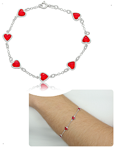 Pulseira Prata 925 Corações Zircônias vermelho amor Original