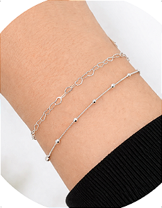 Pulseiras Elos Coração + Bolinha Prata 925 Legitima Feminina Prateado 18 Cm