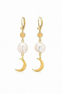 Brinco Pérola Com Pingente Lua- Banhado Em Ouro18k