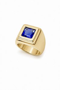 Anel Quadrado Com Pedra Azul Safira - Banhado Em Ouro18k