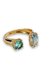 Anel Petra Com Cristais Azul e Verde - Banhado Em Ouro18k