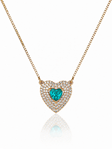 Colar Coração Cravejado Com Pedra Verde Turmalina - Banhado em Ouro18k