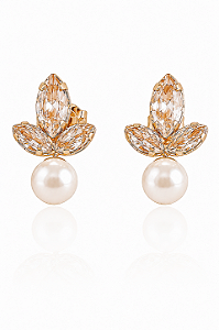 Brinco Pérola e Folhas Cravejadas- Banhado Em Ouro18k