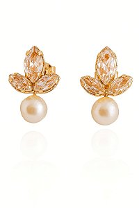 Brinco  Maze Pérola e Folhas Cravejadas- Banhado Em Ouro18k