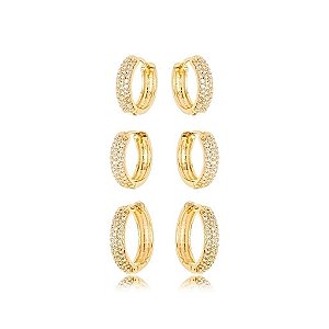 Trio  De Brincos Argolas Cravejadas- Banhado Em Ouro18k